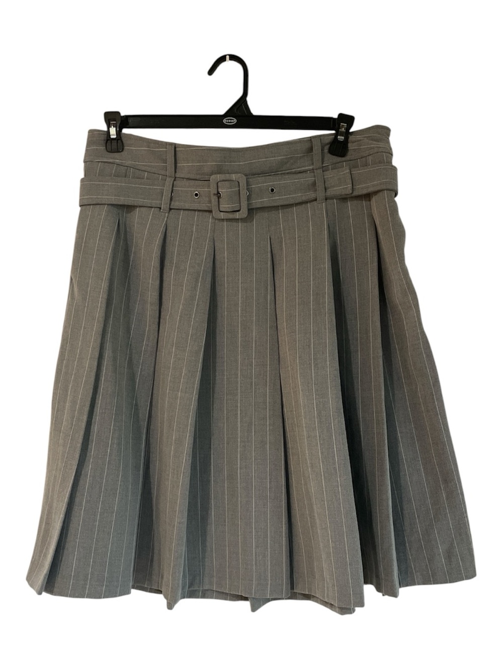 Pleated Grey Pinstripe Midi Skirt with Belt